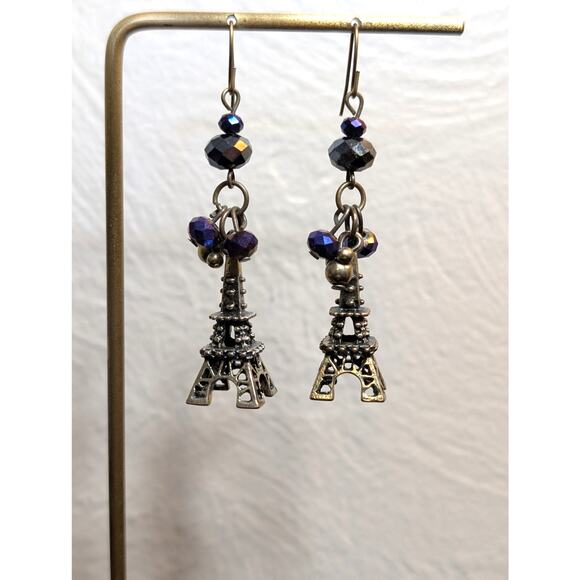Eiffel Tower Antique Gold Tone Purple Crystal Cluster Dangle Earrings - Picture 5 of 5